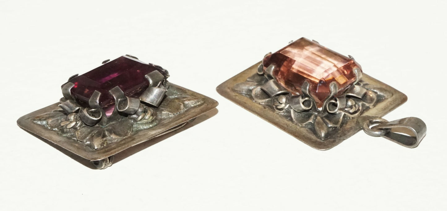 2Pc Vintage Brutalist Style Brooch & Pendant w. Tourmaline Accents  (BrM)#31