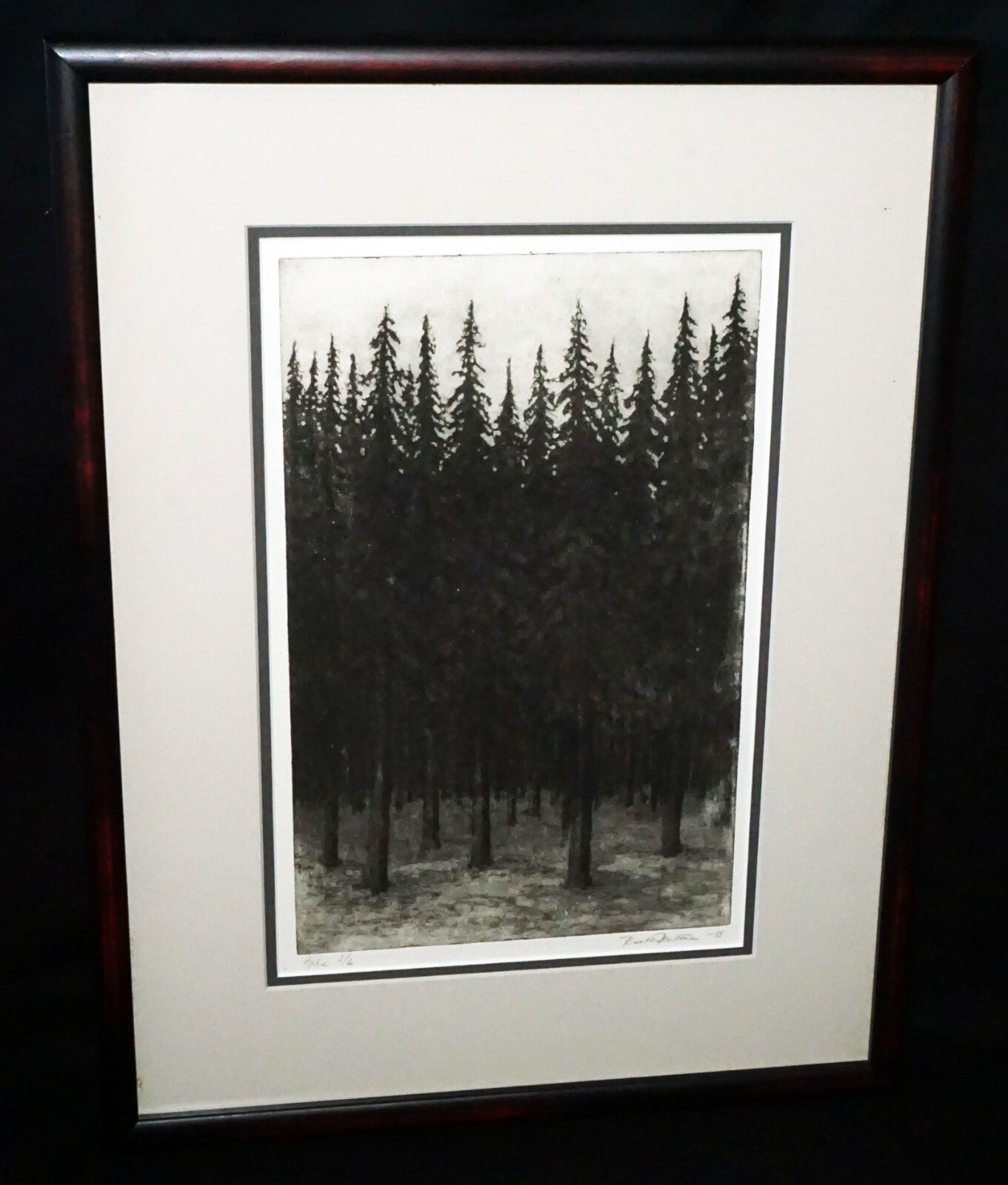 1993 US Framed Aquatint Print 3/6 "Thick Pine Forest"  by illegible signed (CWo)
