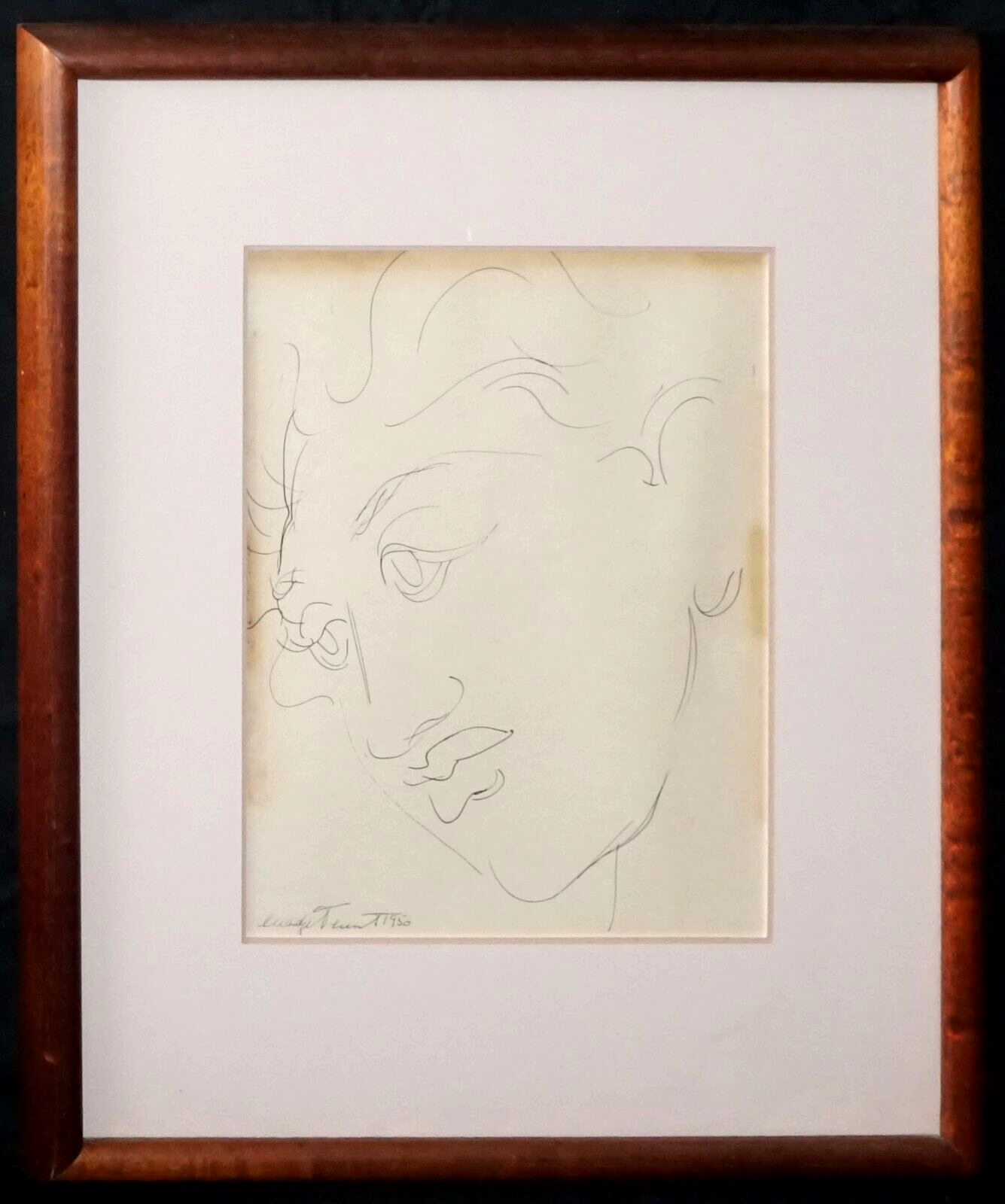 1950 Hawaii Koa Framed Ink Drawing Hawaiian Woman Head by Madge Tennent (PeNe