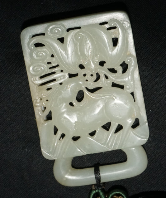 18C Chinese Grey Green Nephrite Jade Pierced Belt Buckle Deer & Bat  (LeS)L23