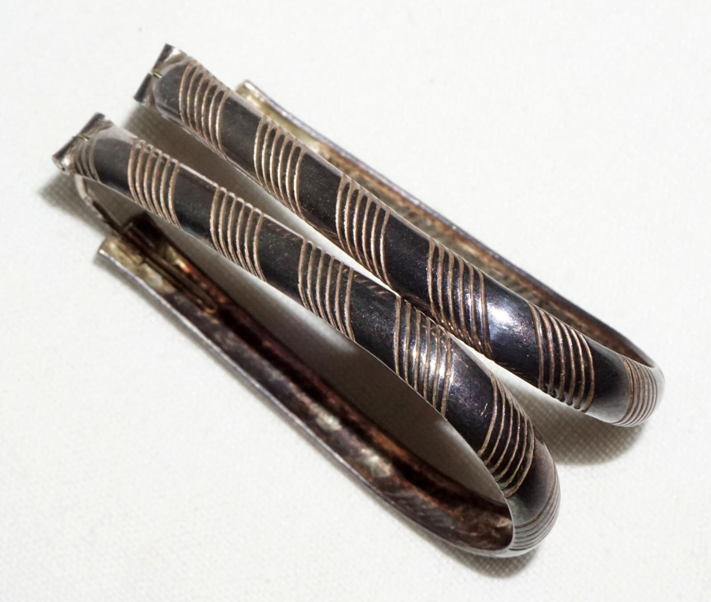 Pair Vintage Italy Modernist Sterling Silver Elongated Oval Hoop Earrings  (JoD)