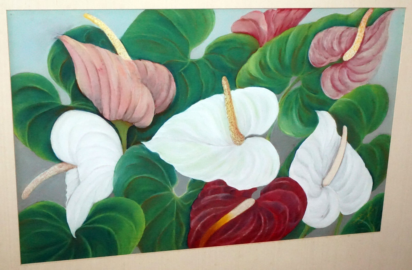 1950s Hawaii Koa Watercolor & Pastel Painting Hibiscus by Maude Horton (New)