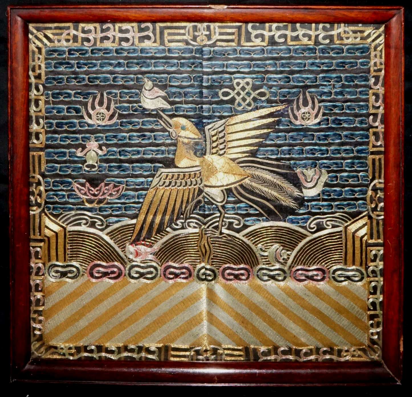 19C. Chinese Late Qing Framed Embroidered Mandarin Rank Badge Insignia (ChB)