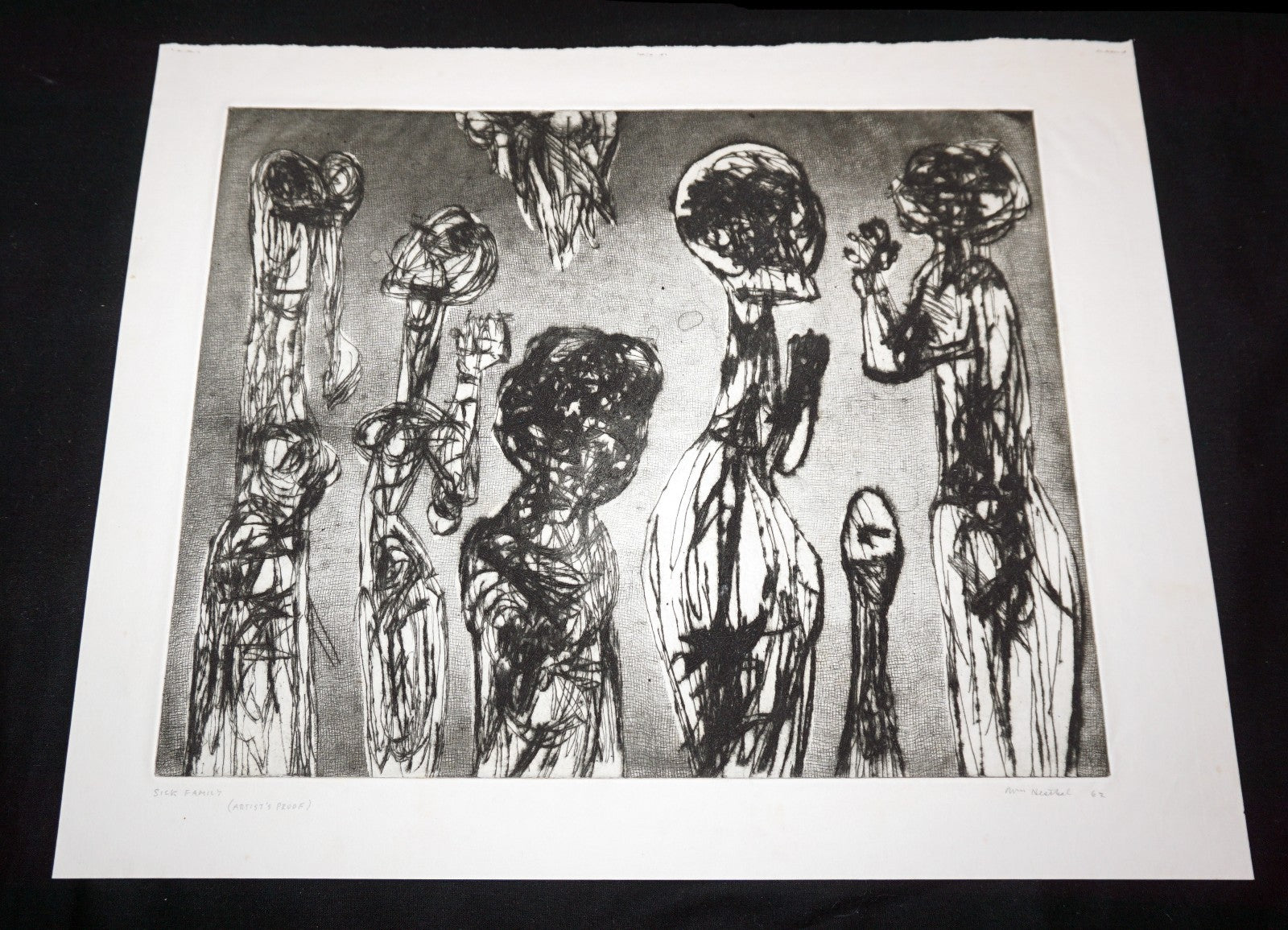 '62 California Abstract Etching Print "Sick Family"  by William Hesthal (Mod)