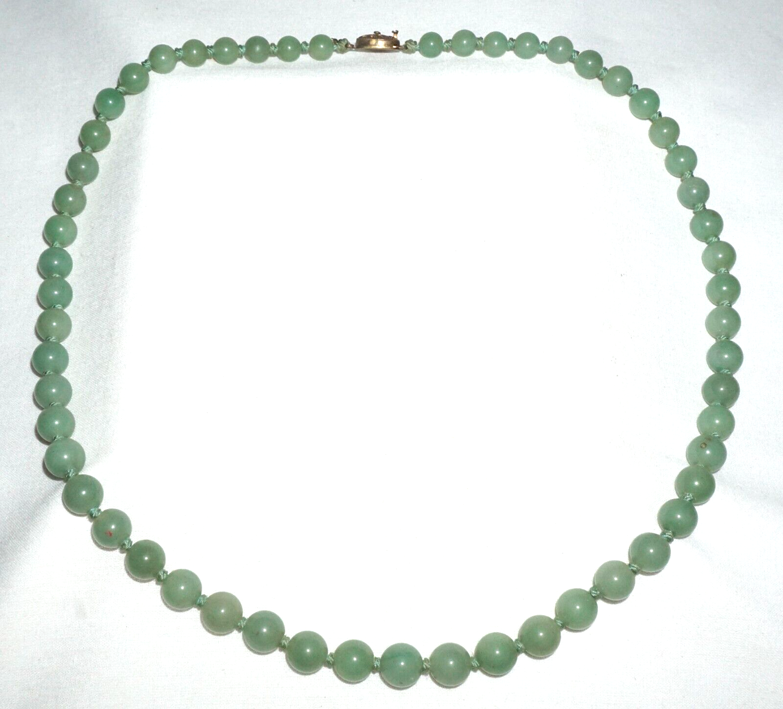 Vintage Chinese Celadon Green Jadeite Jade Bead Necklace w. Silver Clasp  (---)