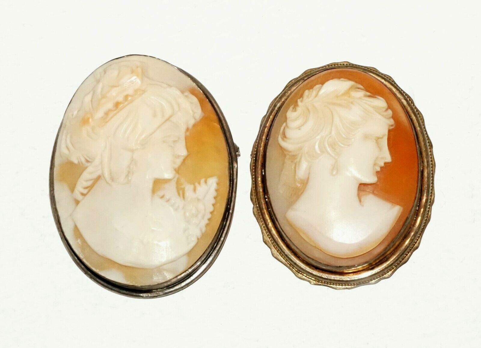 2Pc Italian 800 Silver Shell Cameo's Brooch Pendant w Female Bust Motif  (HaY)#7