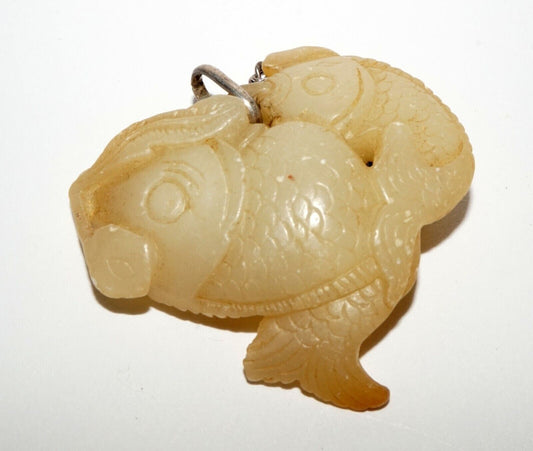 Vintage Chinese Yellow Jade Double Carp Motif Pendant  w. Silver Chain (LeS) G9
