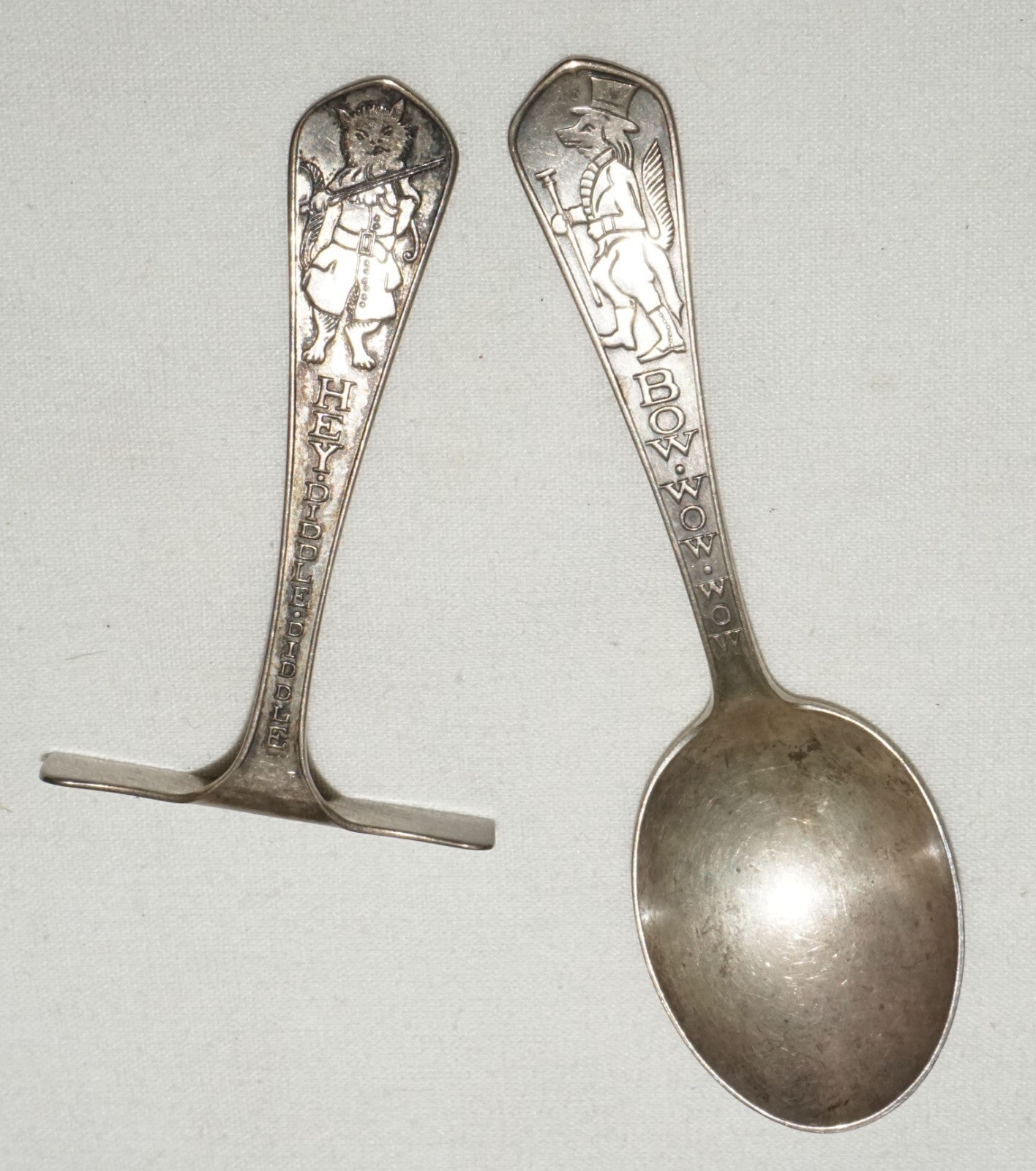 Pair 1930s US Sterling Silver Baby Utensils Bow Wow/ Hey Diddle McChesney  (CrT)