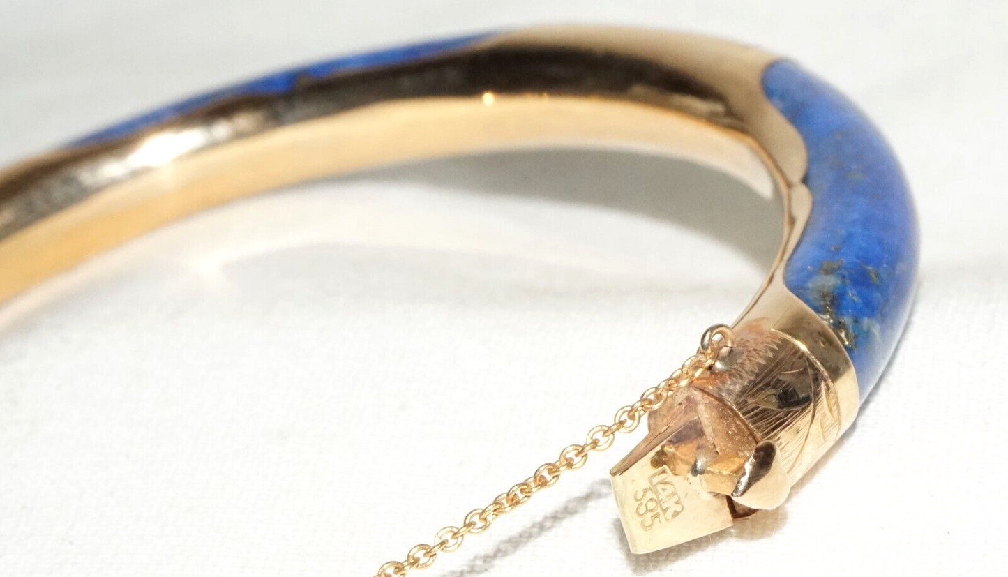 Vintage Chinese 14k Yellow Gold & Sodalite Hinged Bangle Bracelet (InS)#L1