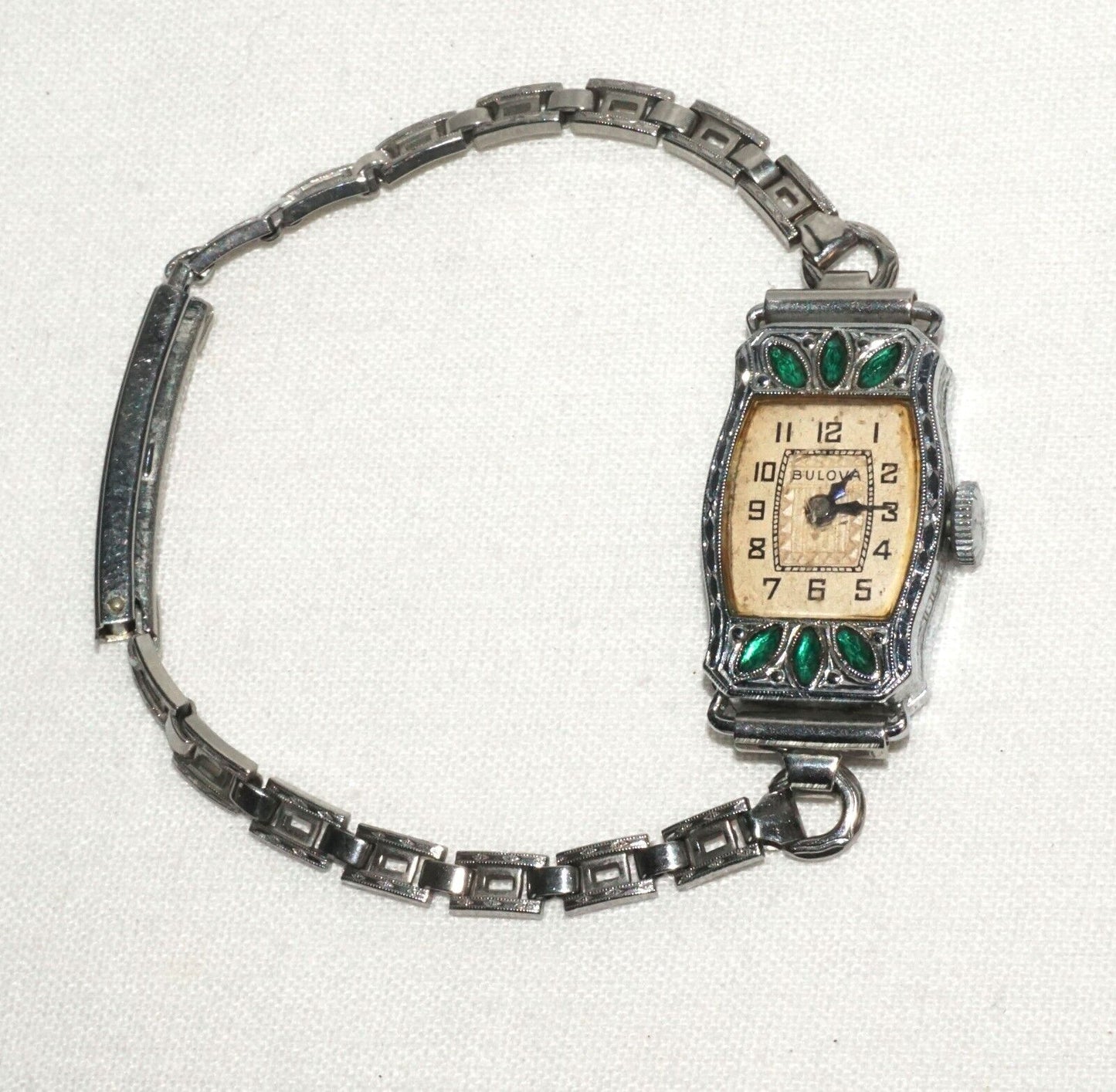 Vtg 1924 Art Deco Ladies Bulova Wrist Watch w Emerald Accents (TiG)