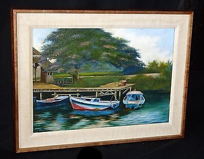 1930s Hawaii Koa Framed Oil Painting Boats on a Dock by Lloyd Sexton (Geo)