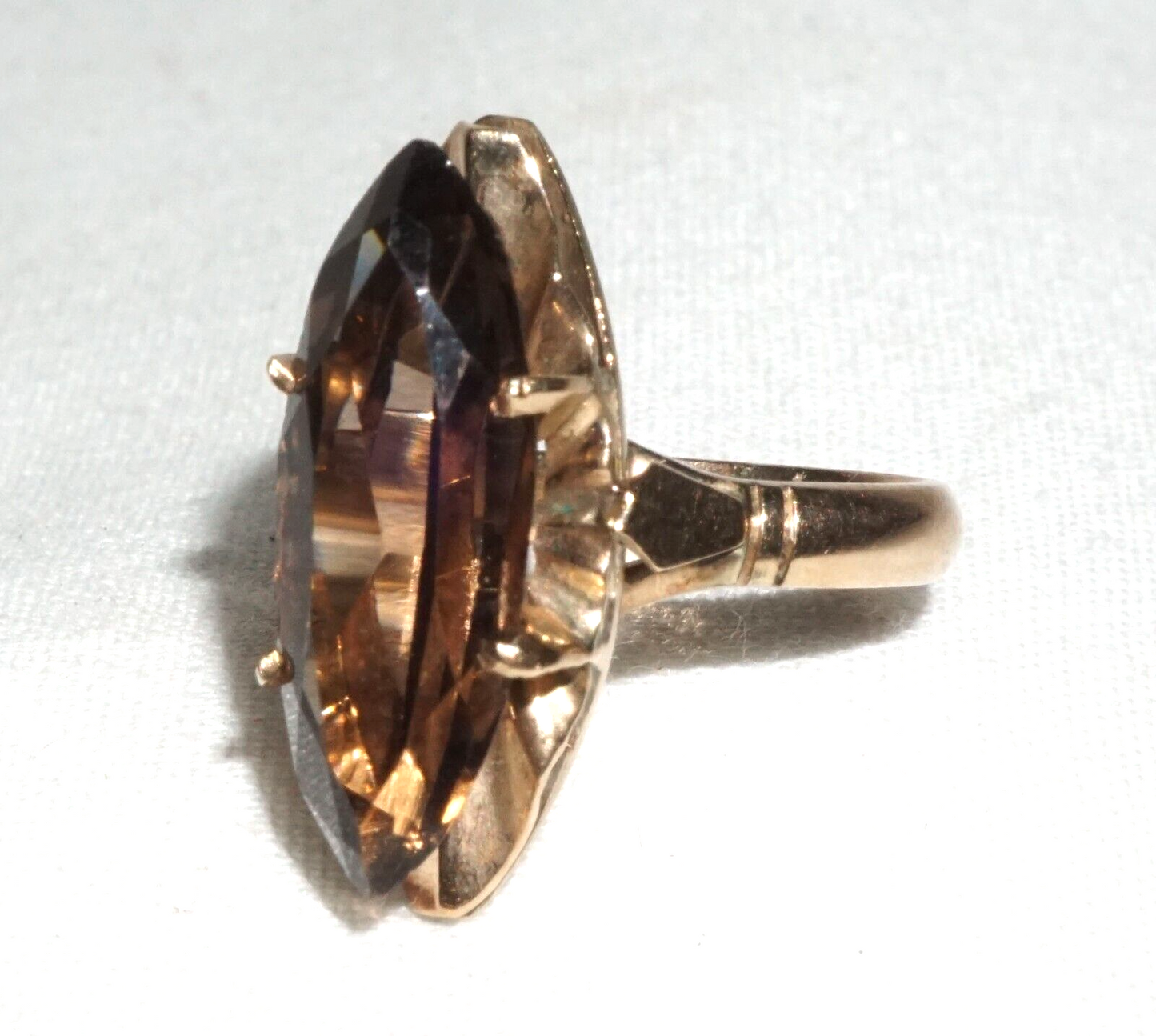 Vintage 14k Yellow Gold Ring Sz.5.5 set 1x Marquise Cut Smoky Quartz (BrM)L3