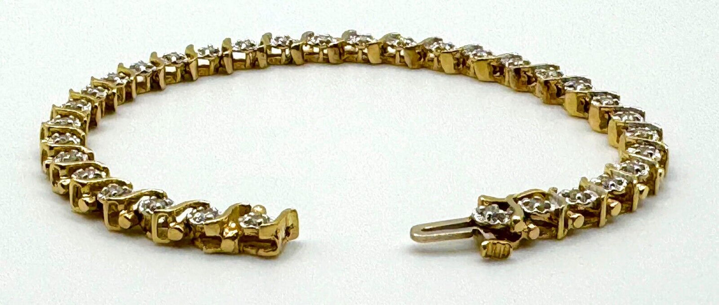 14K Yellow Gold 33x Diamond Tennis Bracelet Total 1 ct. w Box Safety Clasp (MeK)