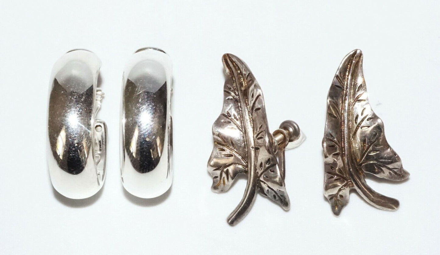 2x Pairs Vintage Sterling Silver Hoop & Leaf Motif Clip on Earrings (SaR)#382