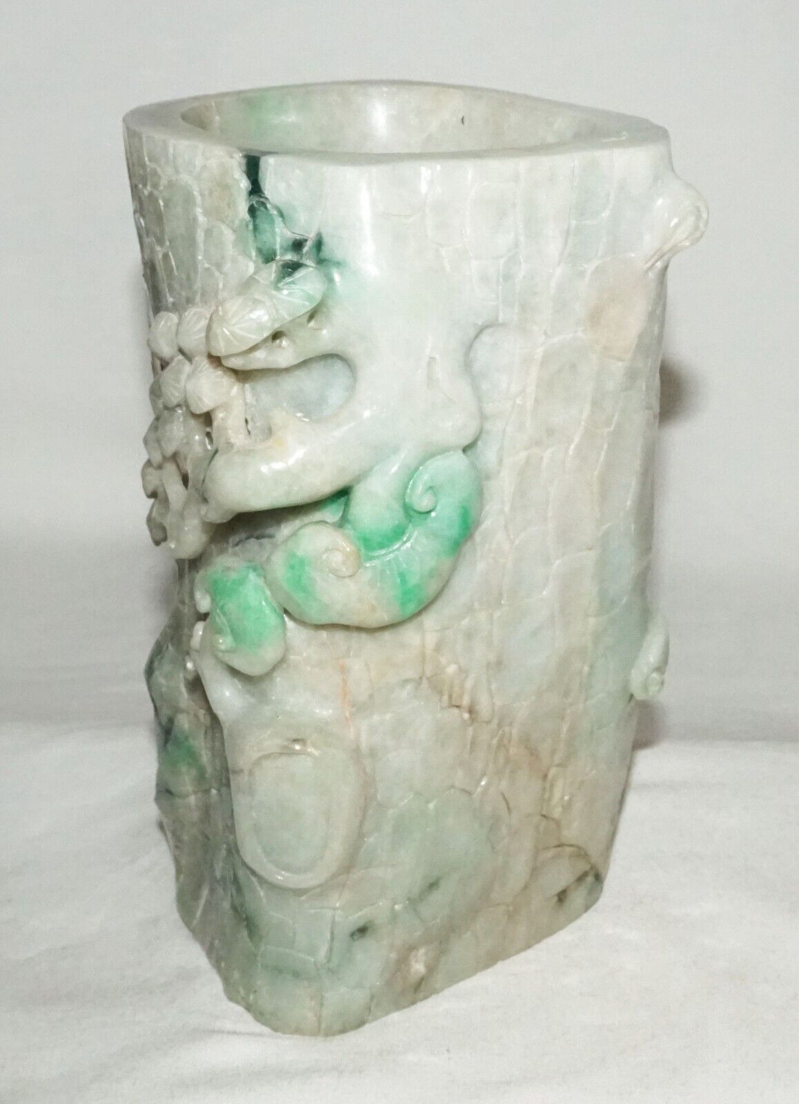 Chinese Jadeite Jade Carved Brush Pot w. Pine Tree Stump & Lingzhi Motifs (InS)