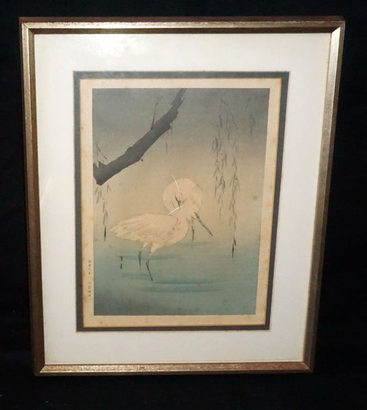 Vtg. Japanese Woodblock Print Two Egrets by Willow by Watanabe Seitei (TeY)