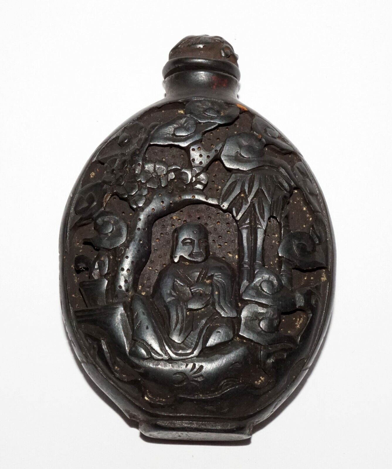 Vintage Chinese Black Lacquer Relief Carved Snuff Bottle Buddhist Motif (LeS) G1