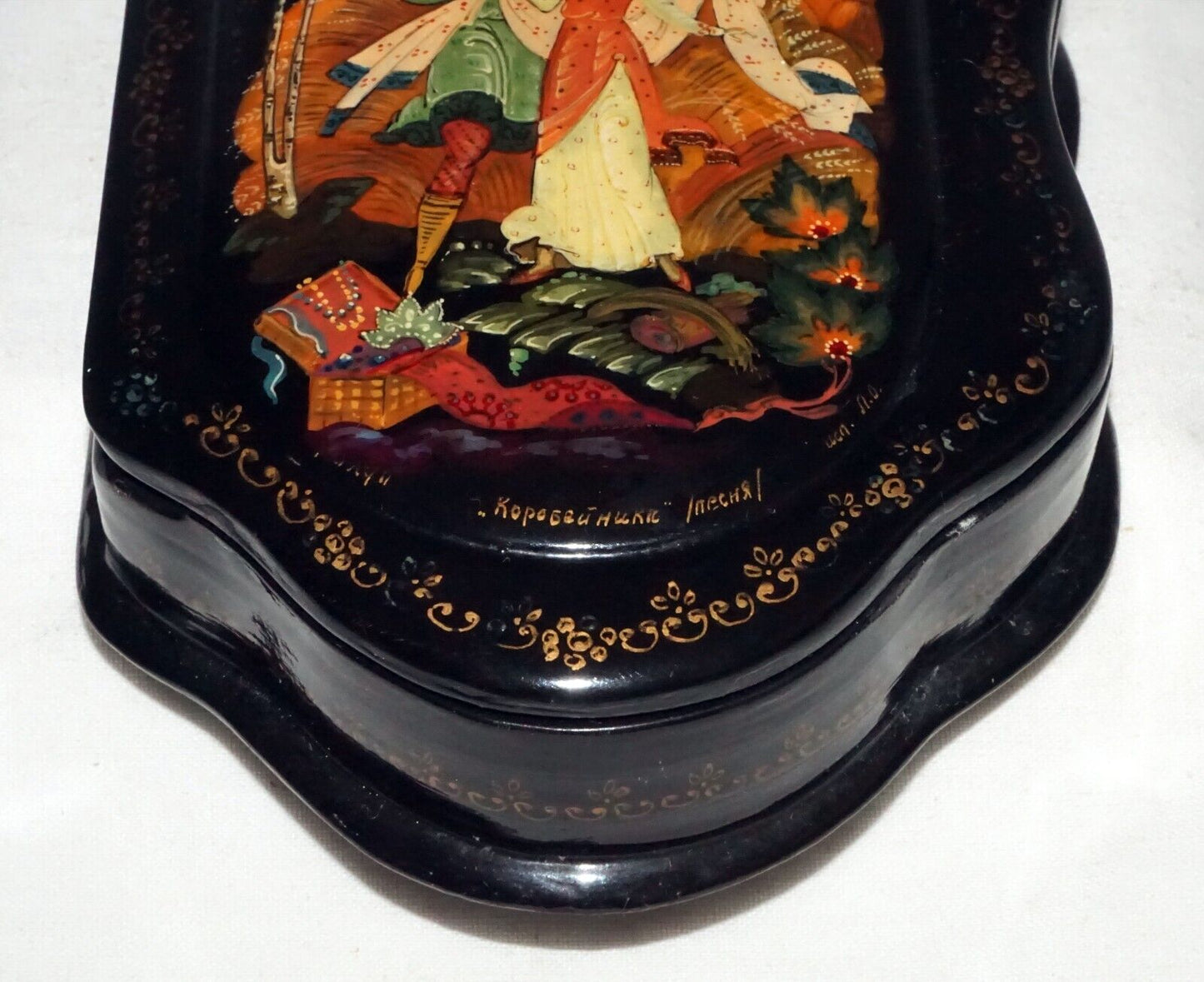 Vintage Russian Hinged Top Lacquer Box Figures in Landscape signed (AHB)