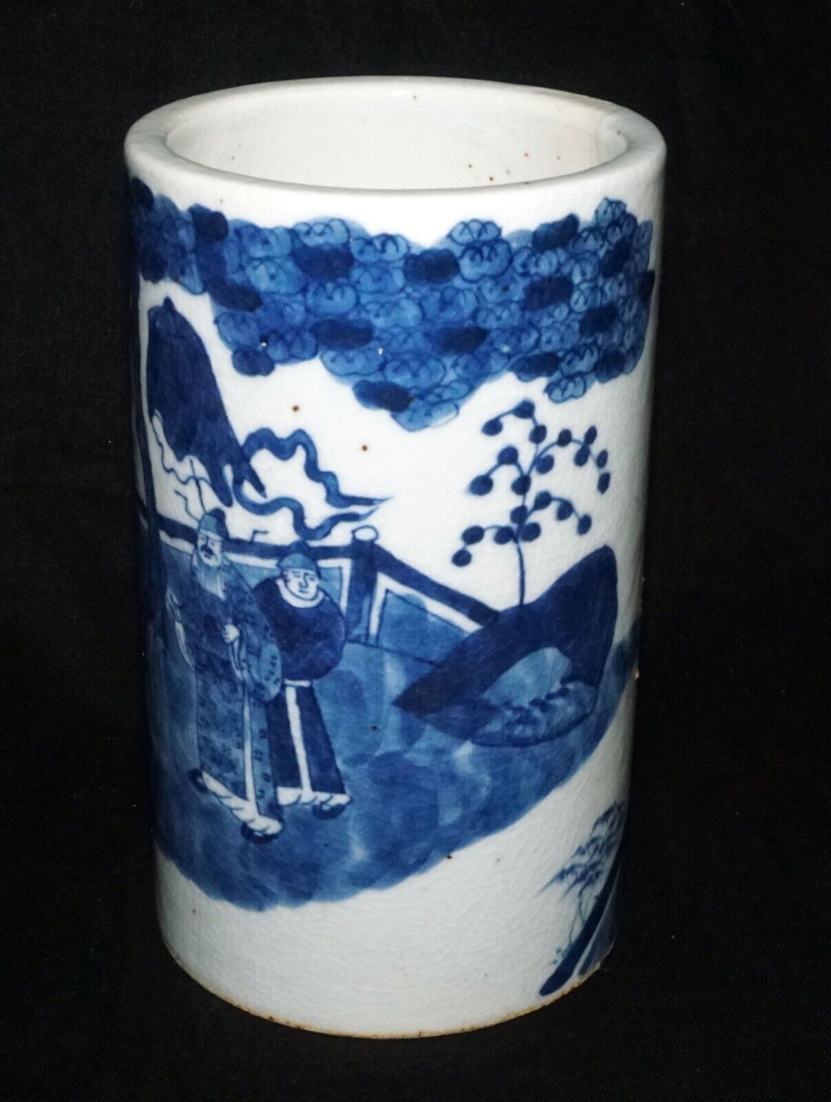 Chinese Blue & White Pottery Brush Pot w. Court-scene w Garden Motif (LeL) IC