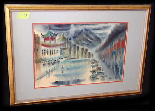 1940s Hawaii WC Painting "Chinatown Wo Fat Bldg" Hon Chew Hee (1906-1993)(Yir)