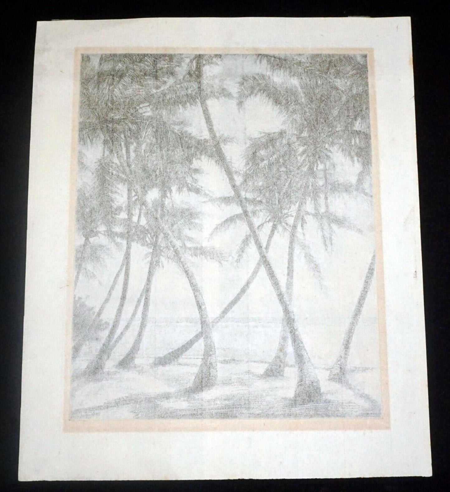 1930s Hawaii Aquatint Print Moonlit Waikiki Palms by Huc M. Luquiens (LLA)