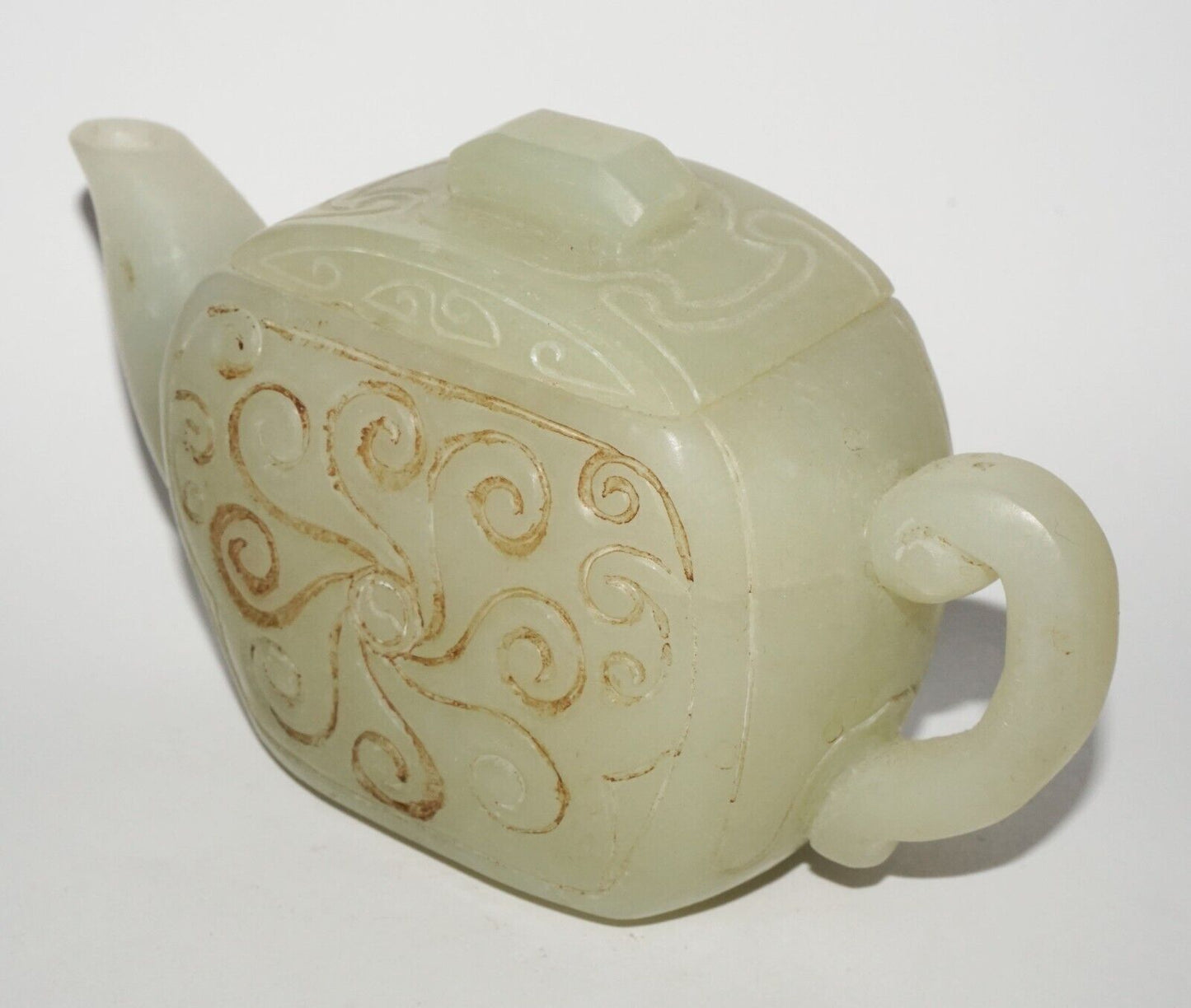 Vintage Chinese Nephrite Jade Carved Tea Pot w Incised Curvilinear Motifs (LeS)