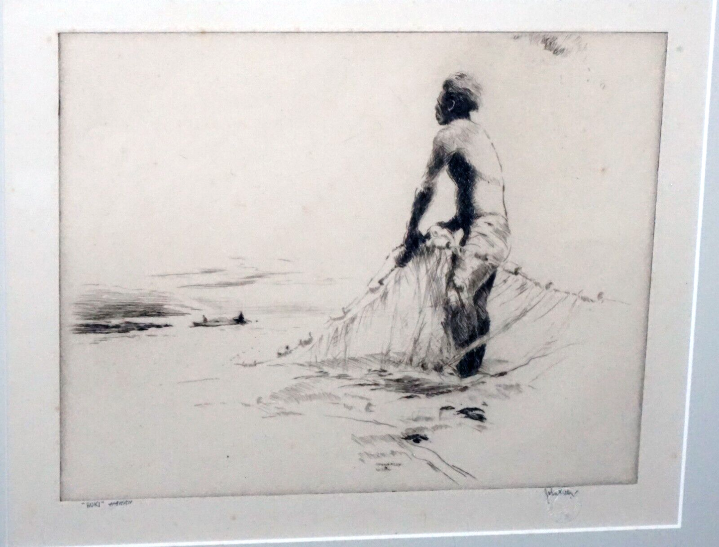 1934 Hawaii Etching Print "Huki" Net Fisherman by John M. Kelly (1879-1962) (+)