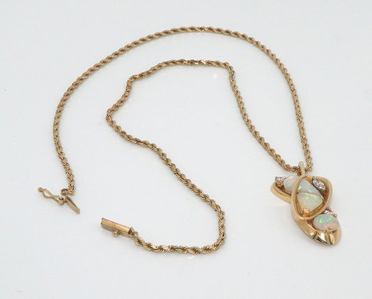 Italian 14k Yellow Gold Necklace 20" & Pendant w Opal & Diamond Accents (NeW)