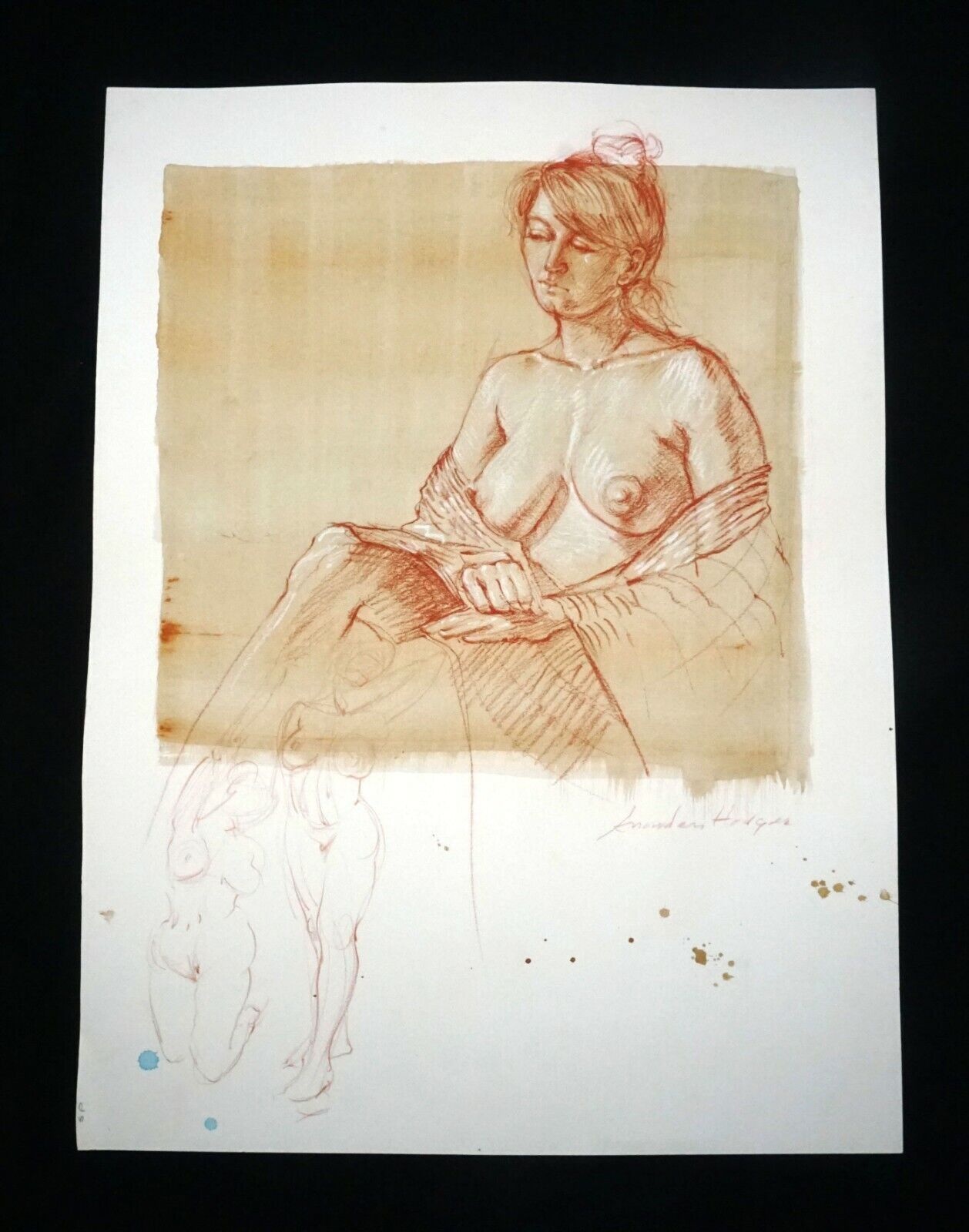 Hawaii Mixed Media Wash Painting Seated Female Nude Snowden Hodges (Sho)#148