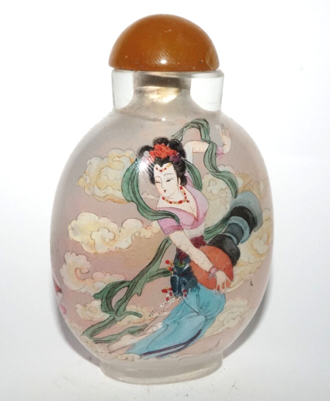 Vintage Chinese Reverse Painted Glass Snuff Bottle w Woman Motifs (LeS) G12