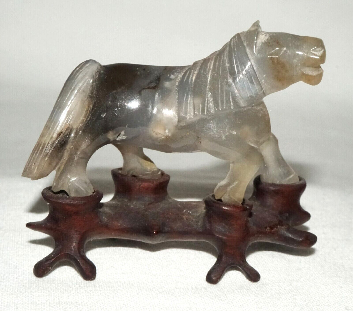 Vintage Chinese Gray & Purple Fluorite Carving Frolicking Horse on Stand (FeH)