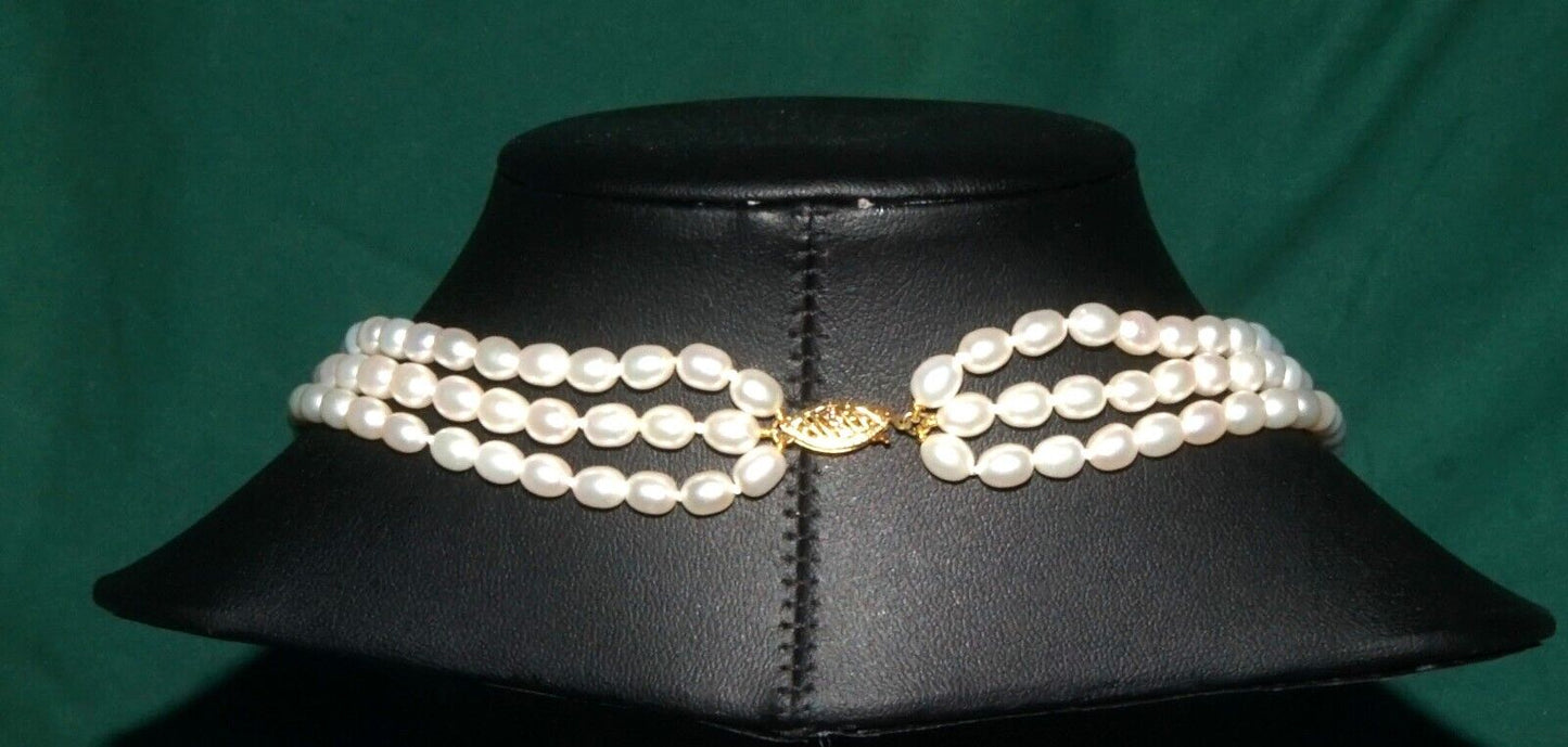 Vintage Triple Strand Oval Freshwater Pearl 26" Necklace w 18k Gold Clasp (AHB)