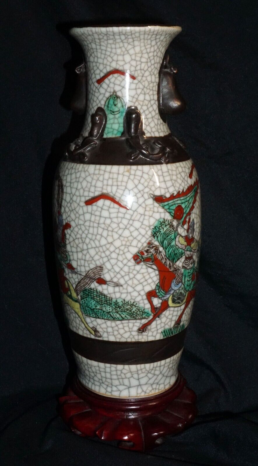 1900 Chinese Pottery Vase w. Crackled Finish Warrior on Horses Motif (ChT) IC