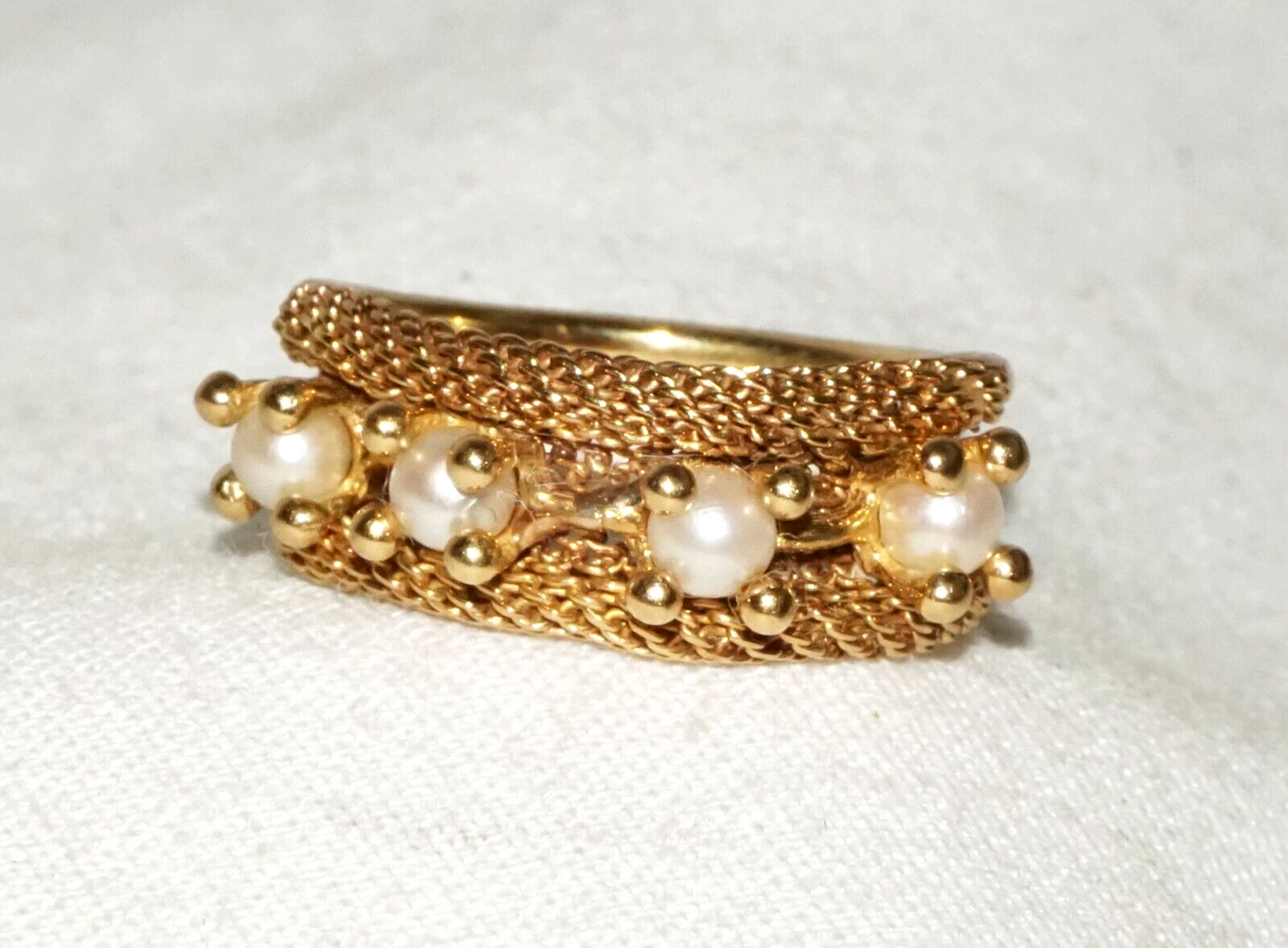 Vintage Yellow Gold Ring Sz.5 w. Woven Accent set w. 4x Pearls (BeM)#3