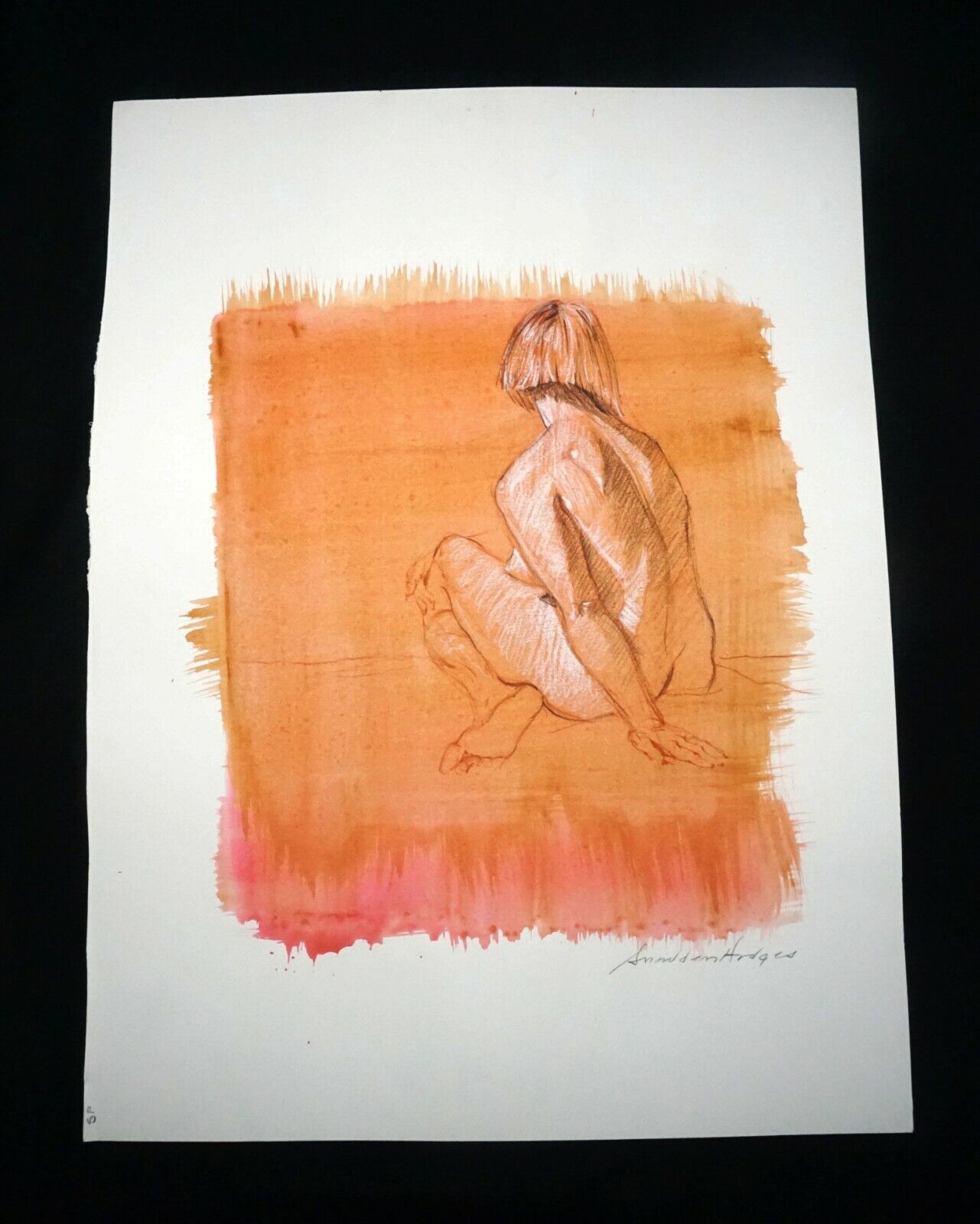 Hawaii Mixed Media Wash Painting Seated Female Nude Back Snowden Hodges(Sho)#144