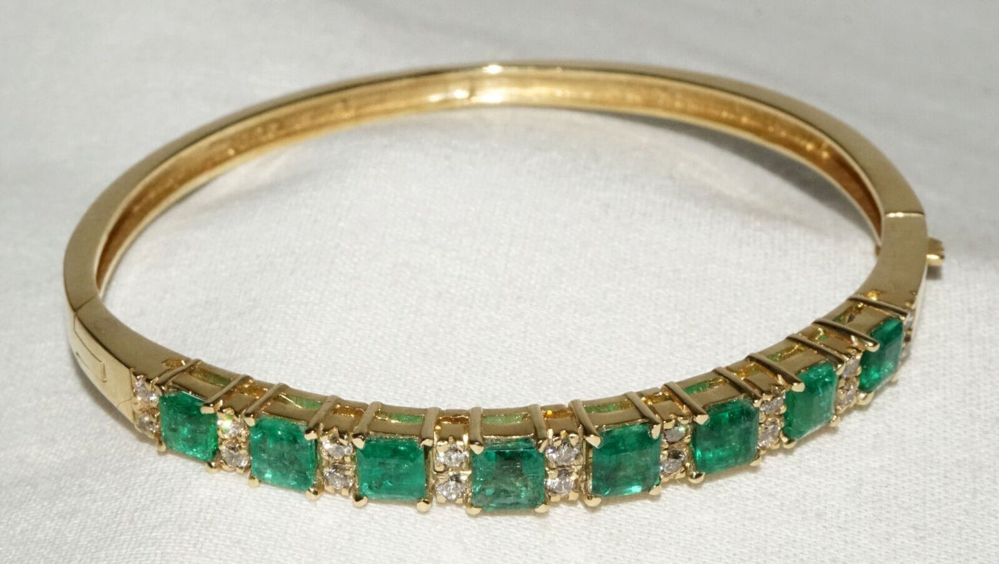 14k Yellow Gold Hinged Bangle Bracelet 4.49ct. Emeralds & 18x Diamonds (GoB) #32