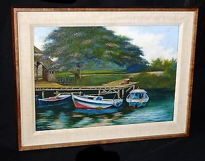 1930s Hawaii Koa Framed Oil Painting Boats on a Dock by Lloyd Sexton (Geo)