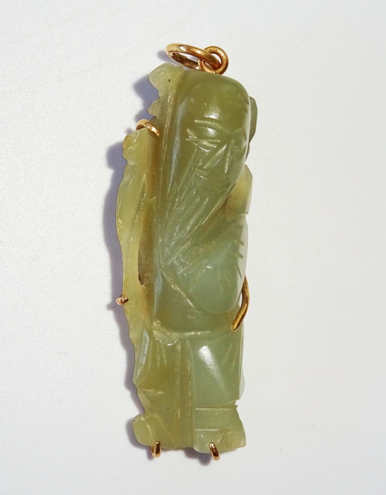 19C Chinese Nephrite Jade Carved 14K Yellow Gold Pendant God Long-life (FeO)#28