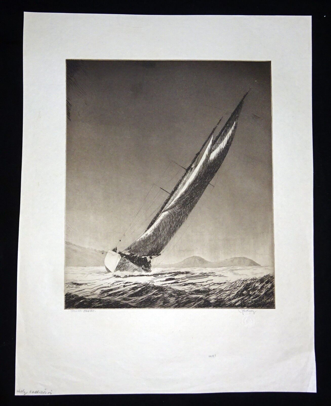 1932 Hawaii Aquatint Etching Print "Manuiwa Yacht" by John Melville Kelly (Kel)