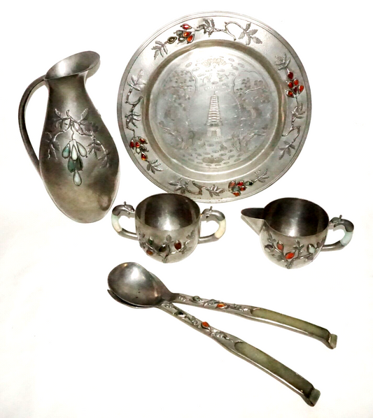 6Pc Vintage Chinese Pewter & Jade & Gemstone Set Cups, Plate, Spoon & Fork (GoB)