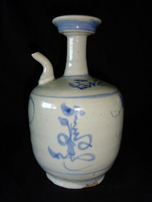 17C Chinese Blue & White Glaze Floral Motif Pottery Wine Ewer (HeN) IC