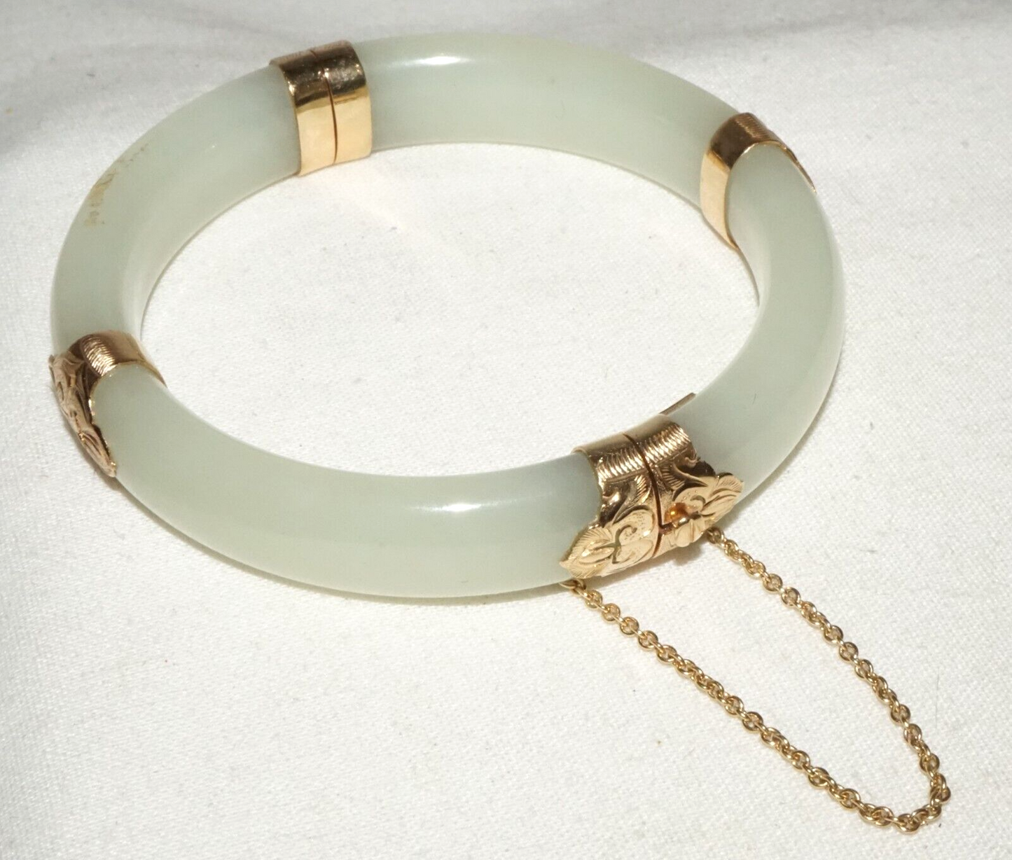 Vtg Chinese 14k Yellow Gold & Pale Green Jadeite Jade Bracelet Ming's (LeS)L25