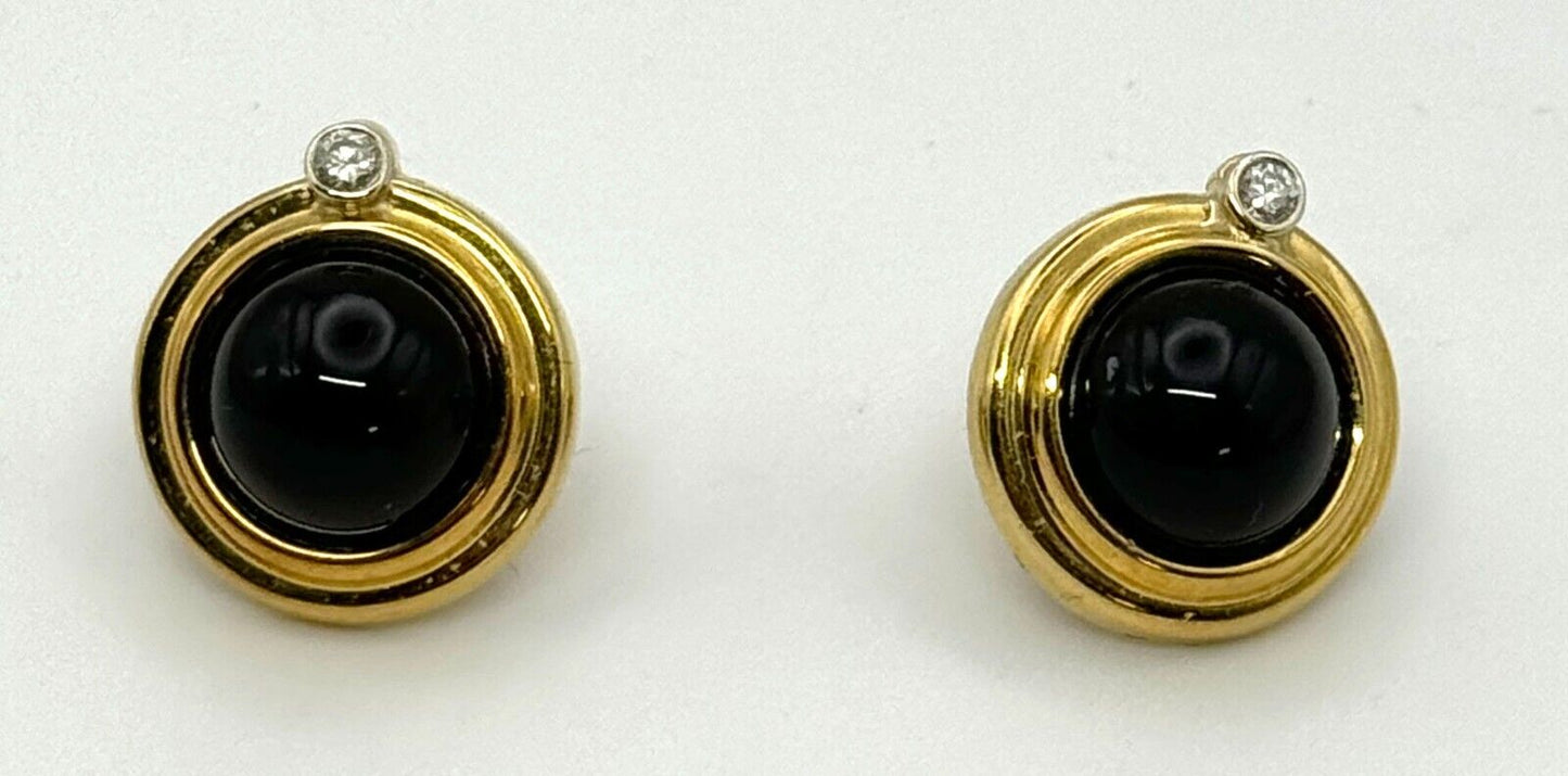 Vintage 18k Yellow Gold Onyx & Diamond Button Earrings (KnK)