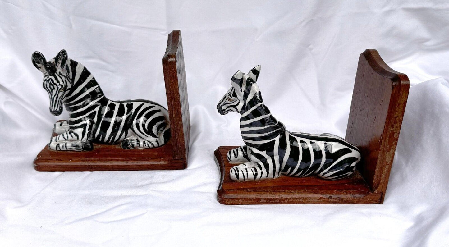 Vintage Hand-Painted Ceramic & Wood Zebra Bookends (SmM)