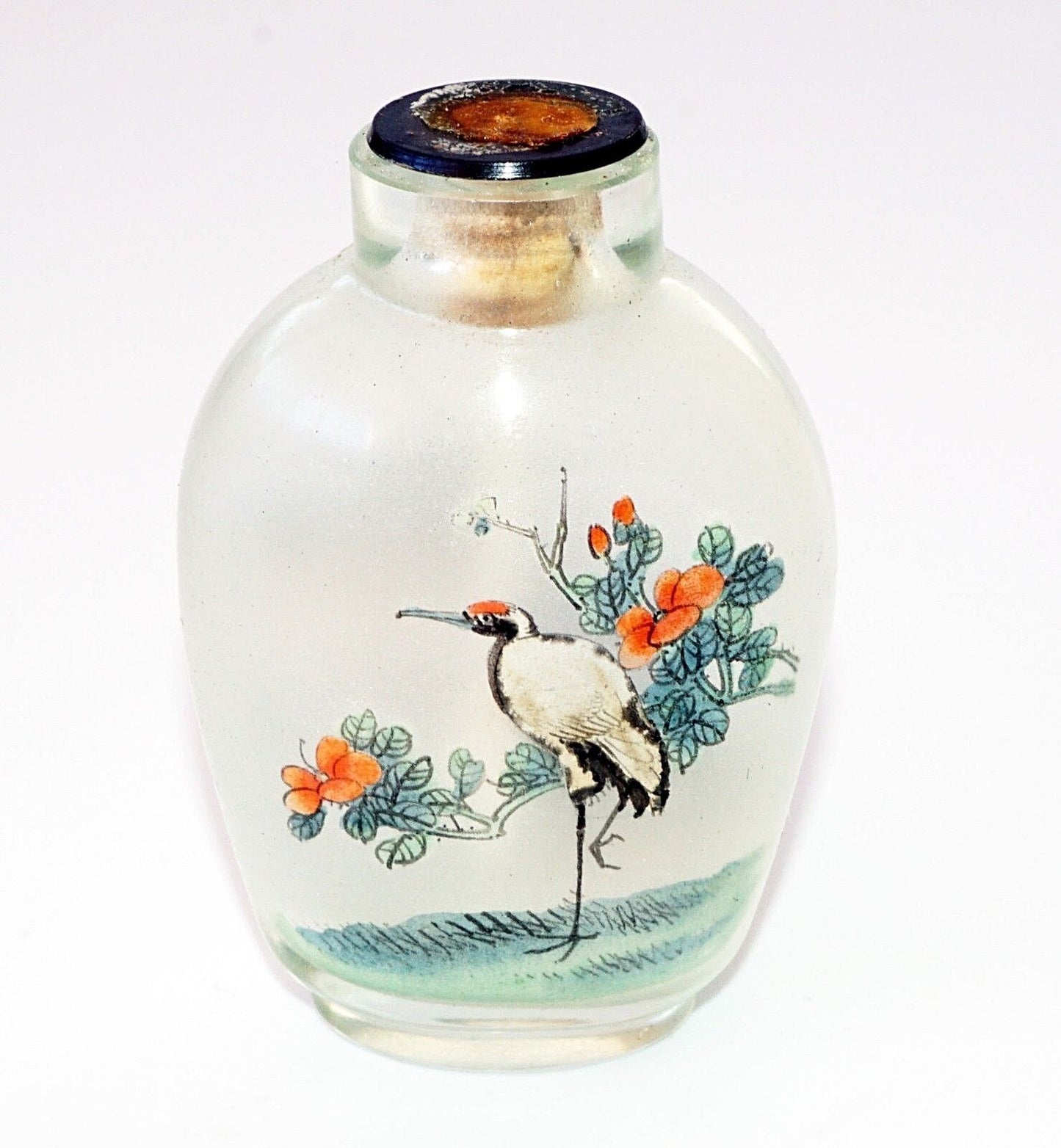 20C Chinese Inside Painted Crane & Landscape Glass Snuff Bottle w. No Stop (Pal)