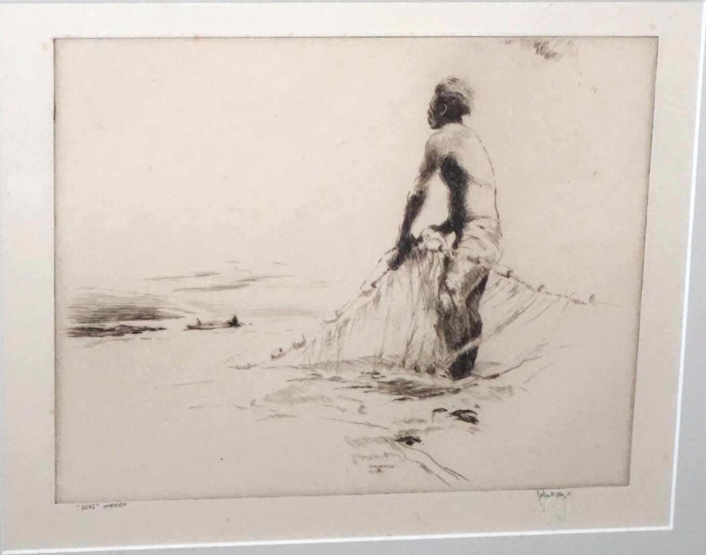 1934 Hawaii Etching Print "Huki" Net Fisherman by John M. Kelly (1879-1962) (+)