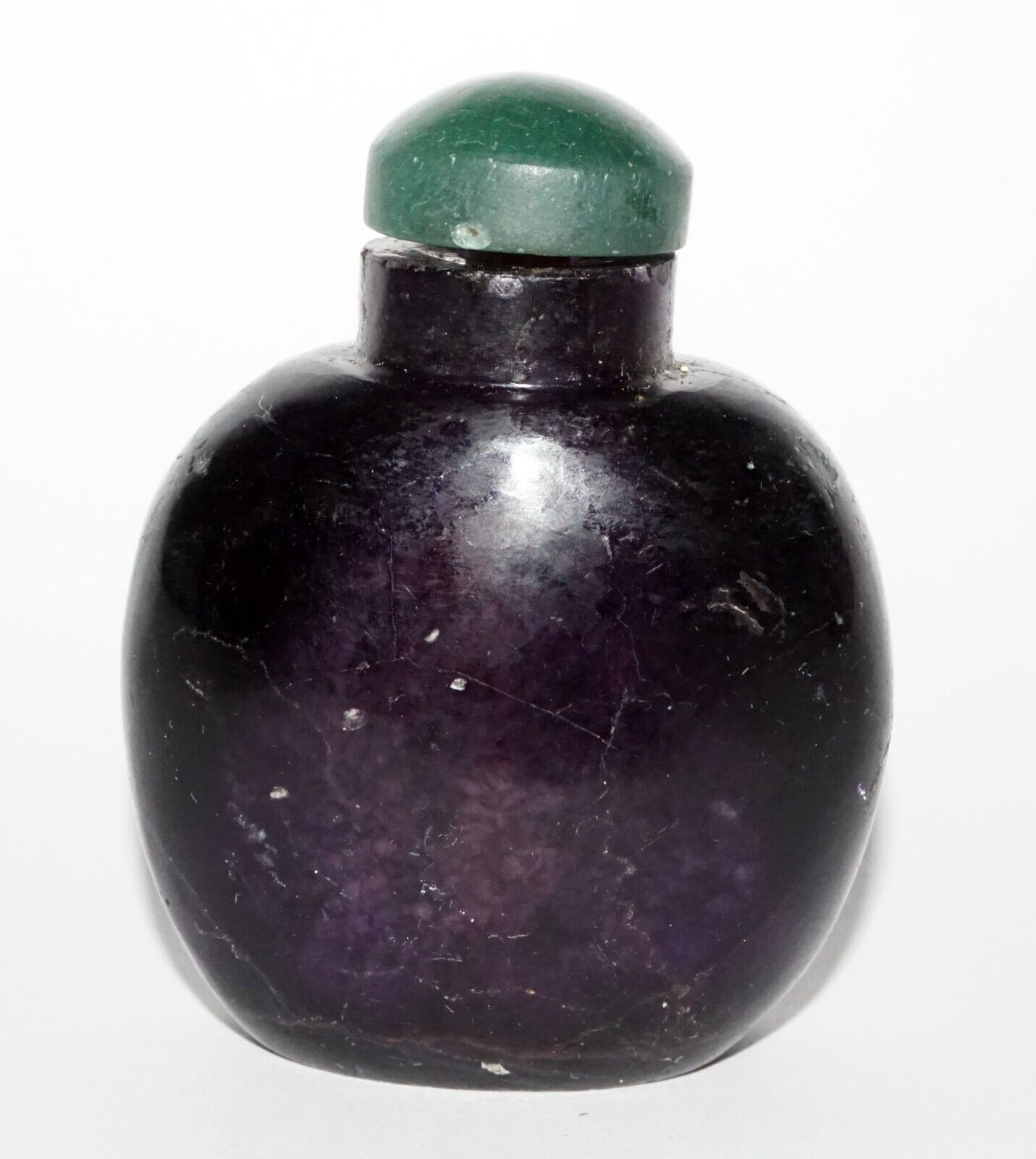 Vintage Chinese Dark Purple Fluorite Carved Snuff Bottle w. Green Stop (LeS) G8