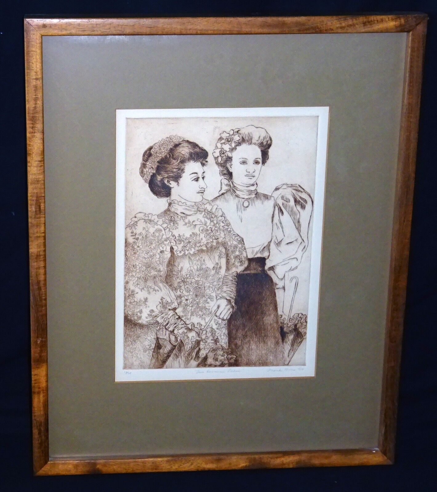 '80 Hawaii Sepia Etching Print 10/175 Two Hawaiian Ladies by Franki Morris (Wil