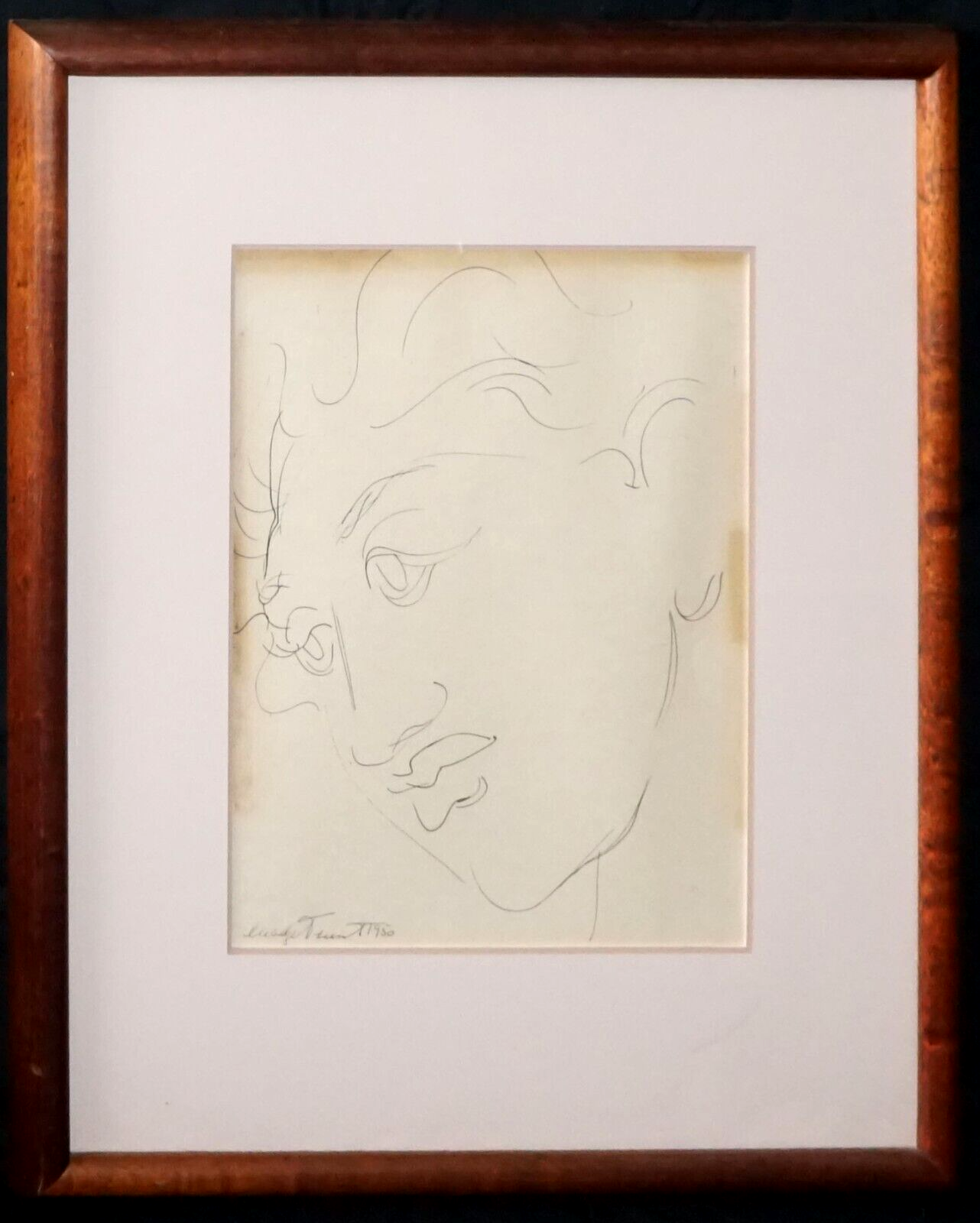 1950 Hawaii Koa Framed Ink Drawing Hawaiian Woman Head by Madge Tennent (PeN)