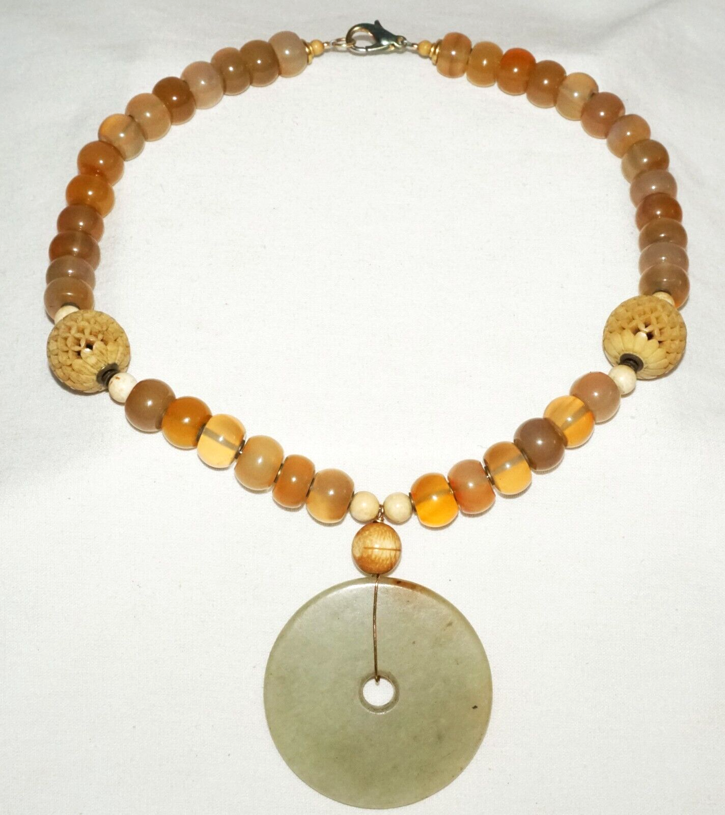 Chinese Yellow Semi Translucent Hard-stone Bead Necklace w. Jade Pendant (PaS)